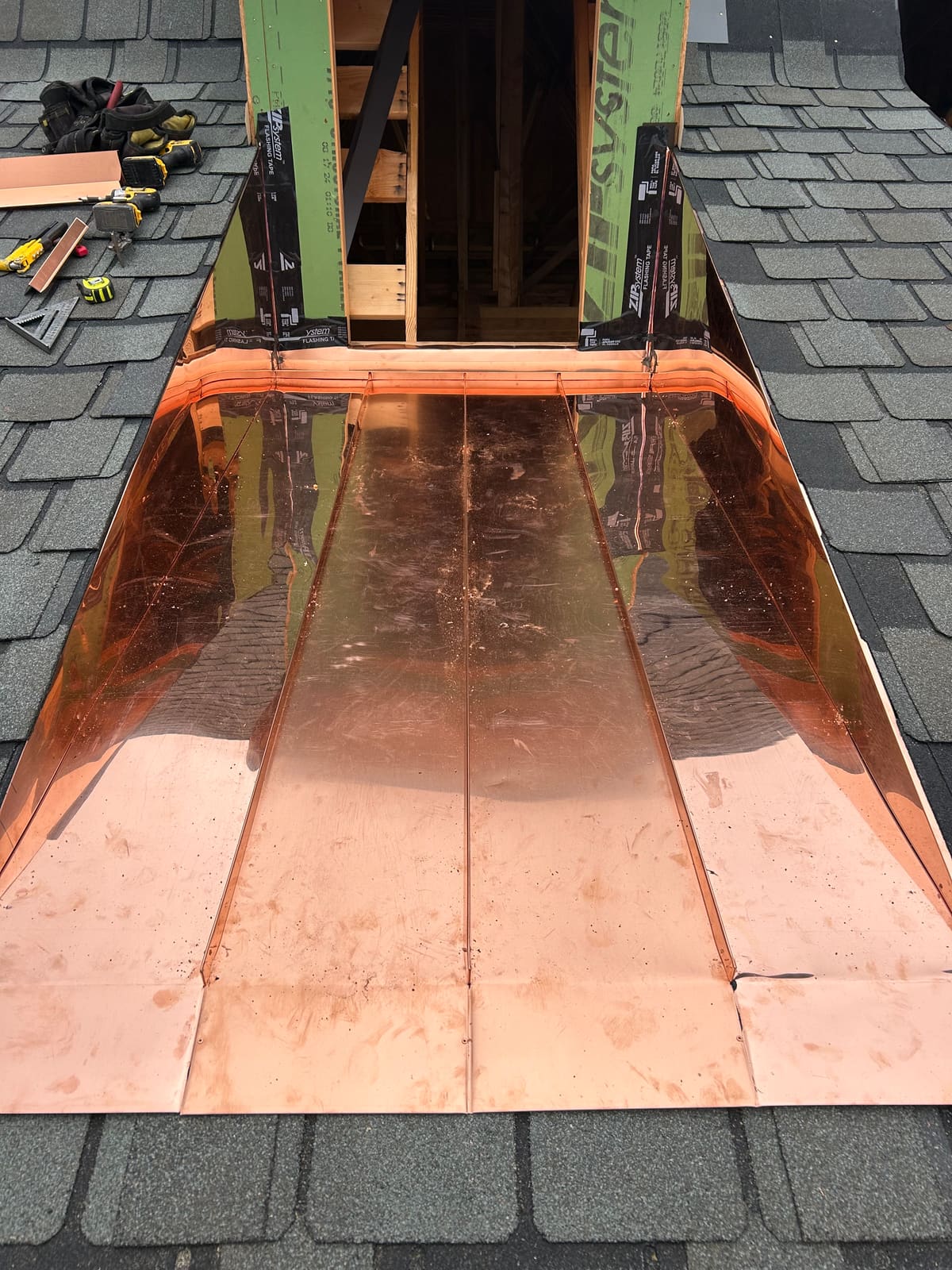 Custom copper window pan — hand-fabricated on site
